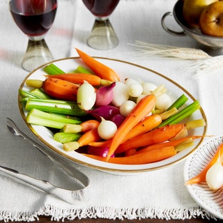 A serving bowl of dill pickled mixed vegetables.