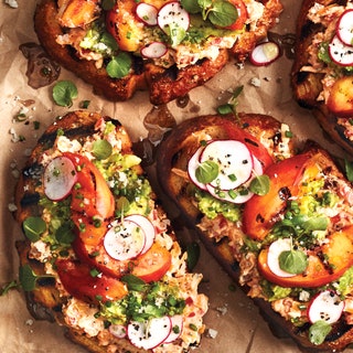 Photo of slices of Peach Pimiento Cheese Toast